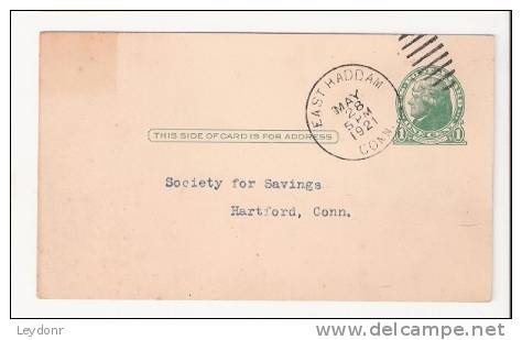 Postal Card - Jefferson - Society For Savings, Hartford, CT - National Bank Of New England - Postmarked East Haddam, CT - 1921-40