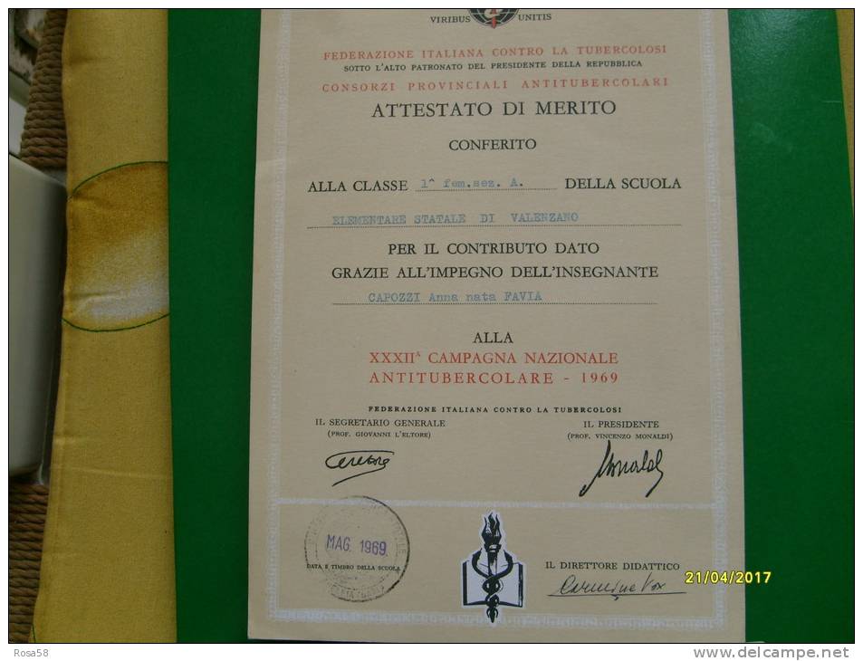 1969 Attestato Di Merito Campagna Nazionale Antitubercolare Scuola Valenzano - Diplomi E Pagelle