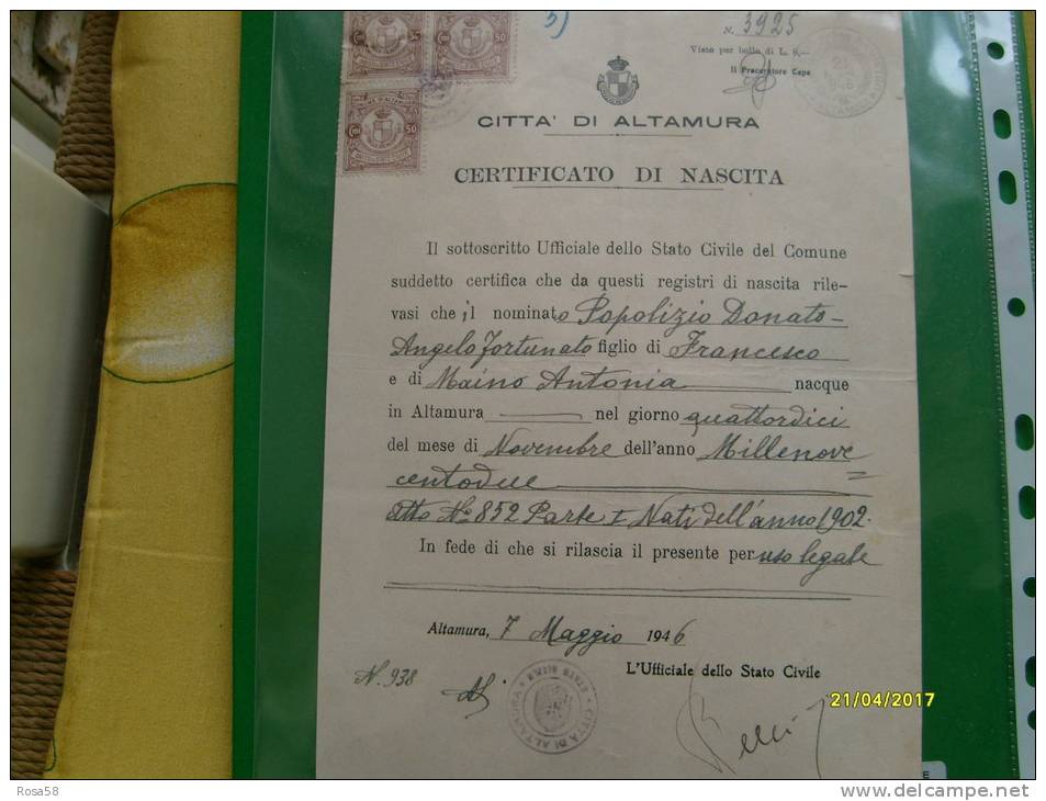 7 Maggio 1946  Re Di Maggio Marche Comunali Città Di ALTAMURA Su Documento - Fiscaux