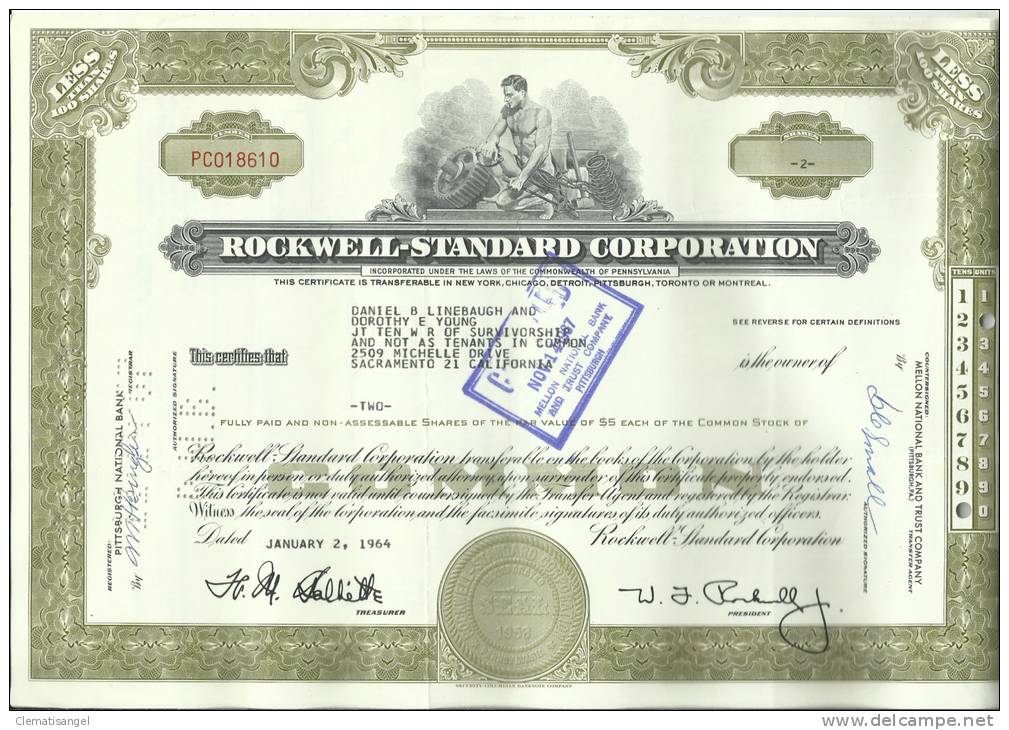 TOP!! ROCKWELL-STANDARD CORPORATION * NAMENS AKTIE * 2 SHARES * PCO18610 * 1964 * MANN MIT WERKZEUG   **!! - P - R