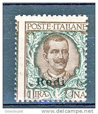 Rodi, Isole Dell'Egeo 1922-23 VARIETA' N. 14 Lire 1 Bruno E Verde MNH Forte Scostamento A Sinistra - Ägäis (Rodi)