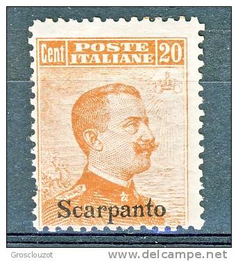 Scarpanto, Isole Dell'Egeo 1917 N. 9 C. 20 Arancio Senza Filigrana MLH Cat. € 220 - Aegean (Scarpanto)