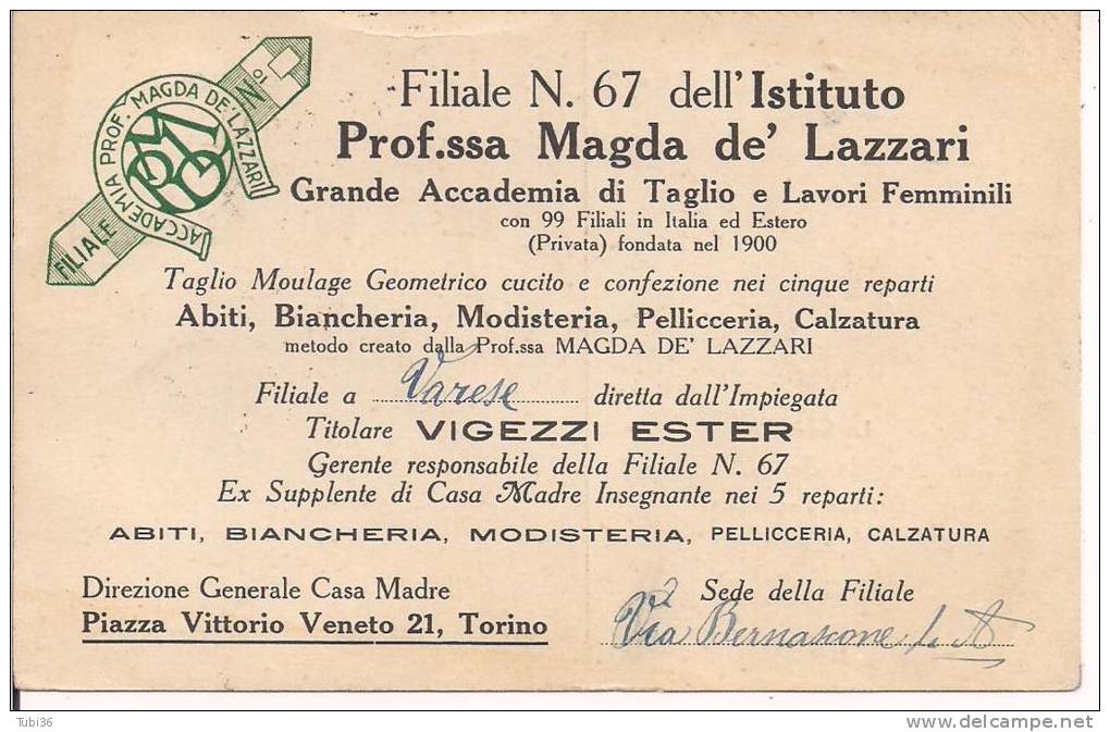 MAGDA  DE LAZZARI, TORINO, CARTOLINA VIAGGIATA 1927, ACCADEMIA DI TAGLIO E LAVORI FEMMINILI, - Education, Schools And Universities