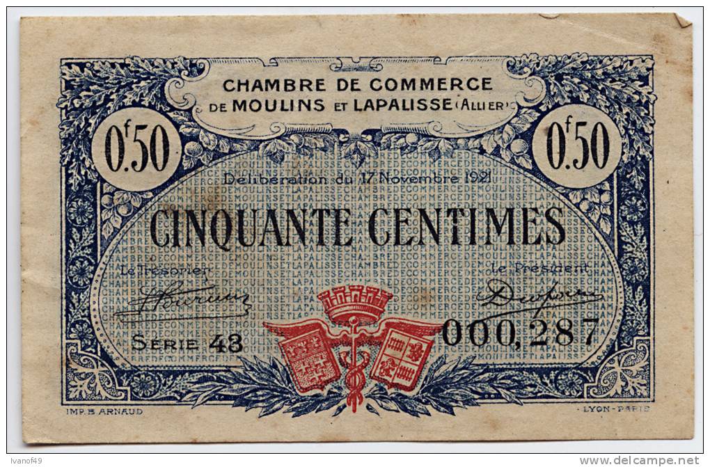 BILLET Chambre De Commerce-MOULINS Et LAPALISSE , Cinquante Centimes- Sans Filigrane Rembourst  17 Nov 1926TB - Chambre De Commerce