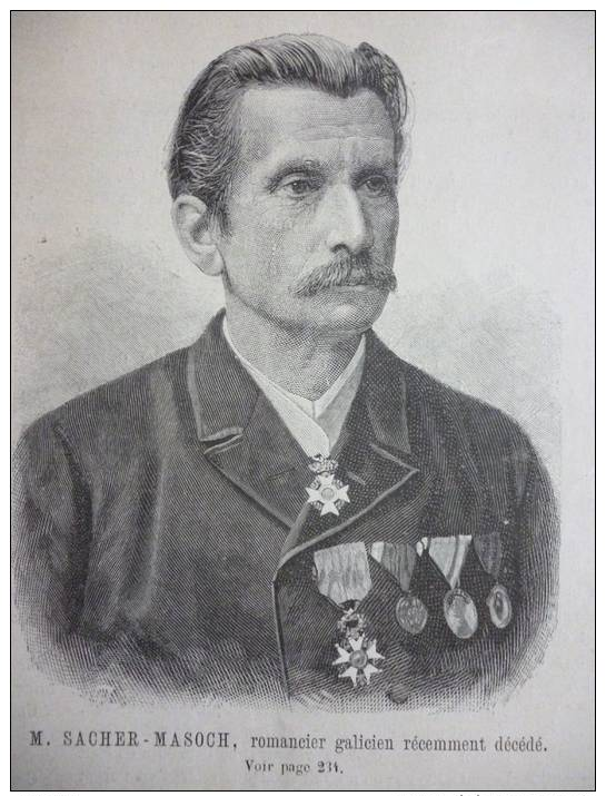 Sacher Masoch , Romancier Galicien , Récemment Décédé , Gravure De 1895 - Documents Historiques