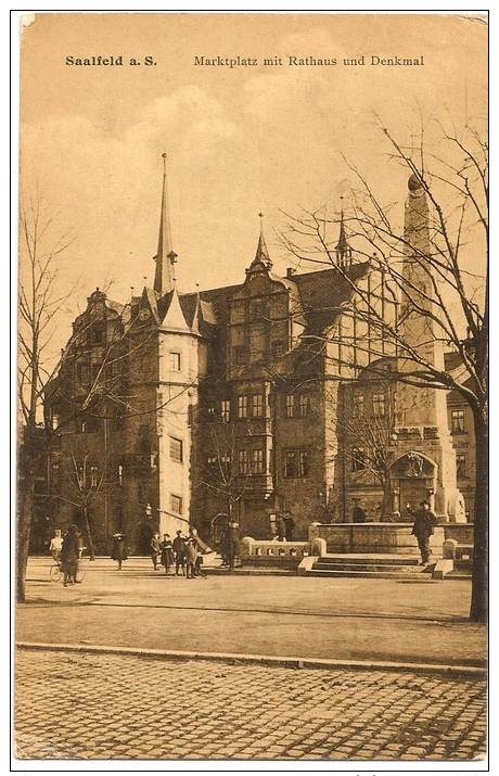 SAALFELD A. S. - Marktplatz Mit Rathaus Und Denkmal +++ Alfred Schmidt, Saalfeld, #2610 +++ To  USA, 1911 +++++++ - Saalfeld