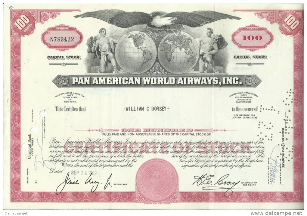 TOP!! PAN AMERICAN WORLD AIRWAYS, INC. * NAMENS AKTIE ROT * 100 SHARES * N783422 * 1969 * AMERICAN EAGLE **!! - Aviación