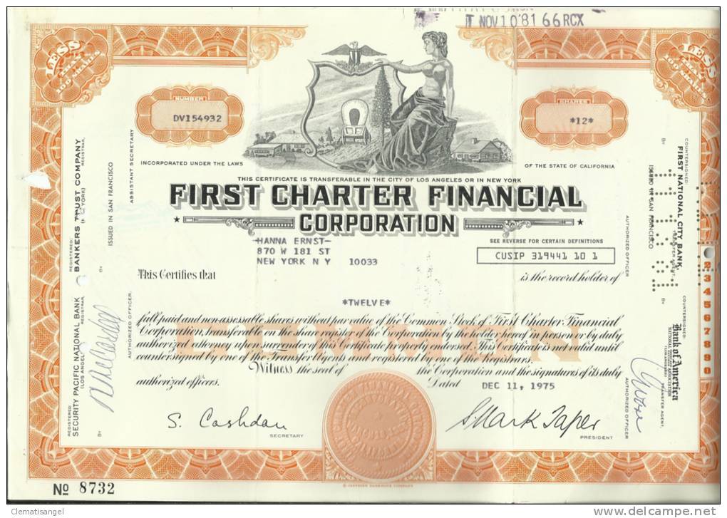 TOP!! FIRST CHARTER FINANCIAL CORP. * NAMENS AKTIE * 12 SHARES * DV154932 * 1975 * ALLEGORIE **!! - Bank & Versicherung