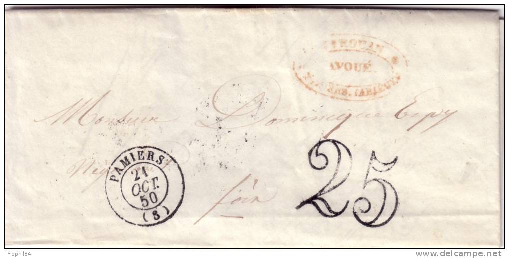 ARIEGE - PAMIERS T15 DU 21 OCTOBRE 1850 + TAXE 25 DOUBLE TRAIT - AVEC TEXTE. - 1859-1959 Lettres & Documents