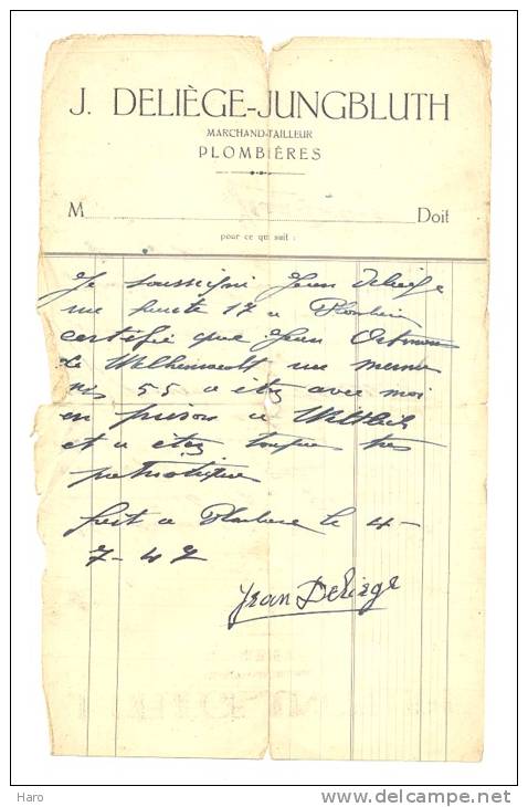 Lettre à Entête - PLOMBIERES - Marchand-Tailleur J. Deliège-Jungbluth 1947 (b115) - Kleidung & Textil