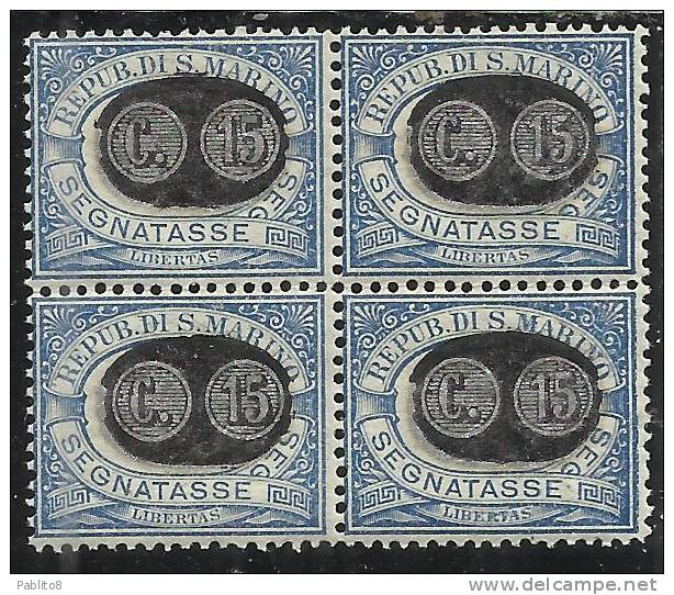 SAN MARINO 1931 SEGNATASSE MASCHERINE SOPRASTAMPATI CENT. 15 SU 5 MNH QUARTINA BEN CENTRATA - Timbres-taxe