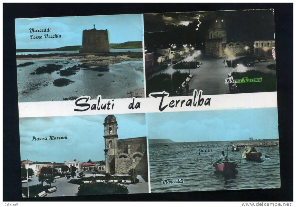 S4134 CARTOLINA ILLUSTRATA ACQUARELLATA CAGLIARI SALUTI DA TERRALBA VEDUTE  FG. V. - Carbonia