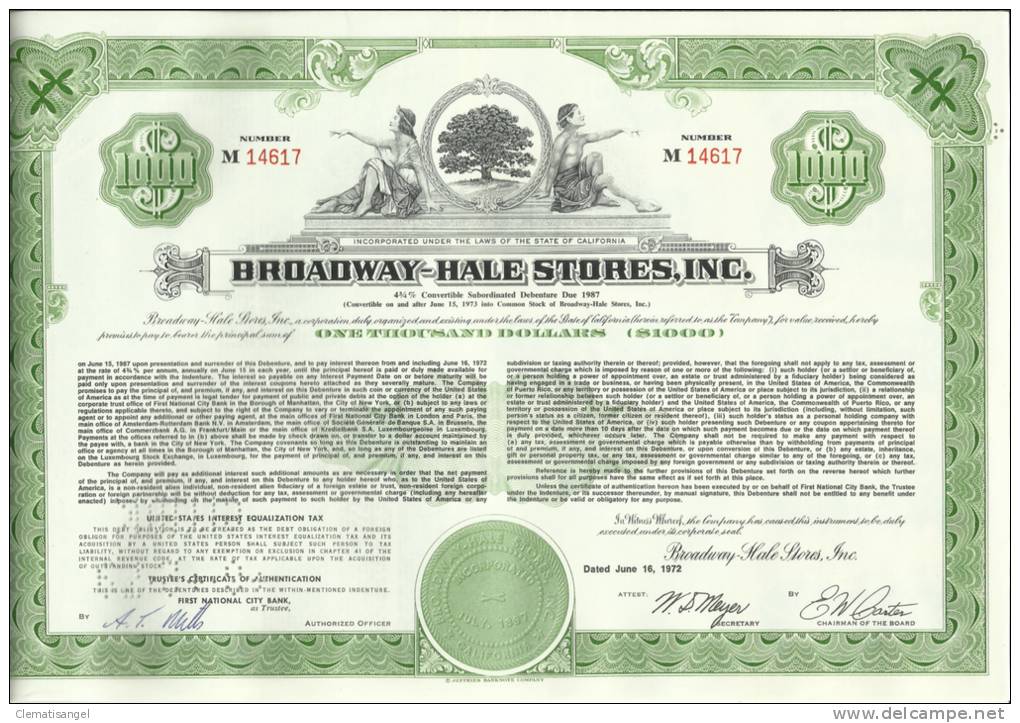 TOP!! BROADWAY-HALE STORES INC. * WERTPAPIER MIT DIVIDENDE * 1000 DOLLARS * M14617 * 1972 * ALLEGORIE **!! - A - C