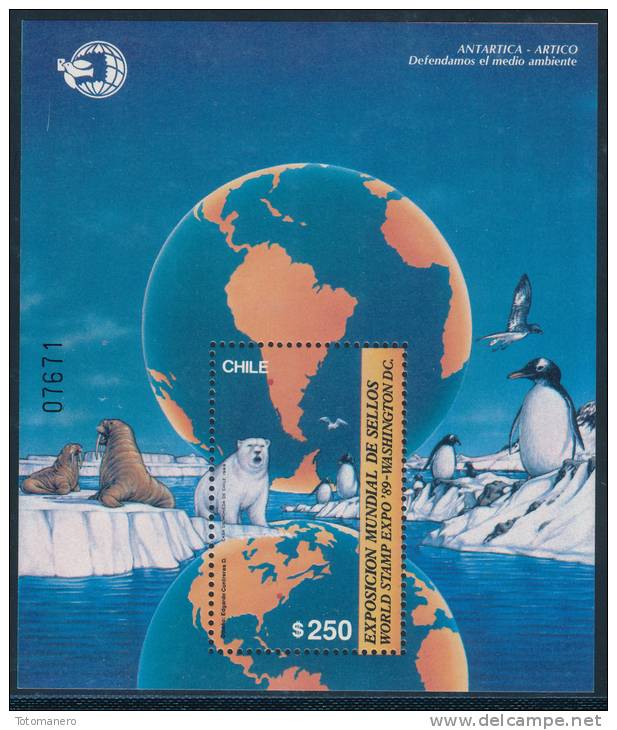 CHILE 1989 World Stamp Expo '89 ANTARTICA-ARTICO, Penguins Polar Bear Walruses Wildlife Minisheet** - Research Stations