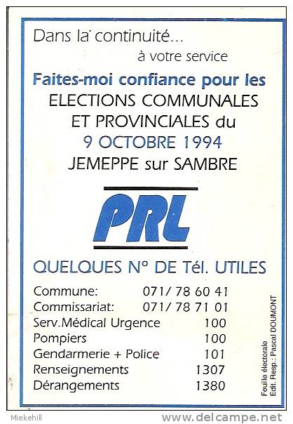 PASCAL DOUMONT-JEMEPPE SUR SAMBRE CANDIDAT PRL ELECTIONS COMMUNALES ET PROVINCIALES - Political Parties & Elections