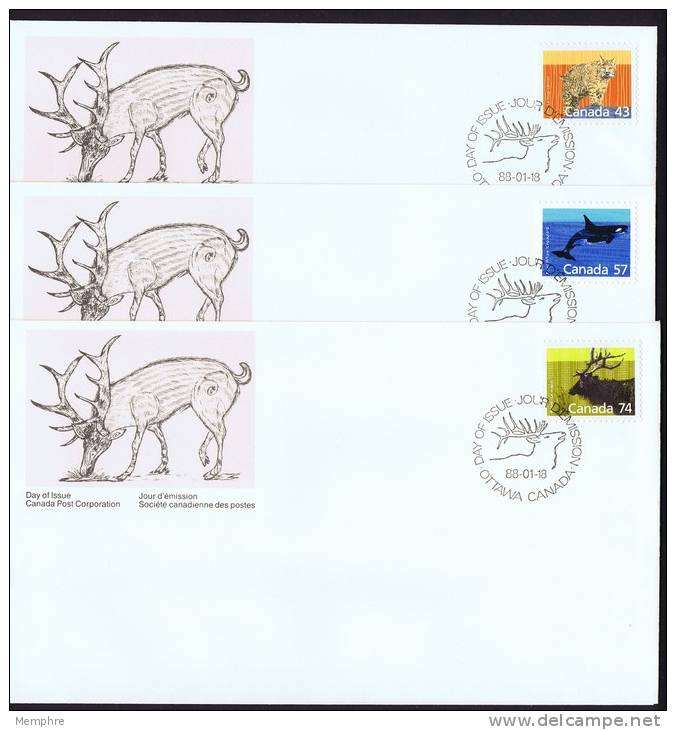 1987    Mid-value Definitives: Lynx, Whale, Wapiti  Sc 1170, 1173, 1177    Singles On 3 FDCs - 1981-1990