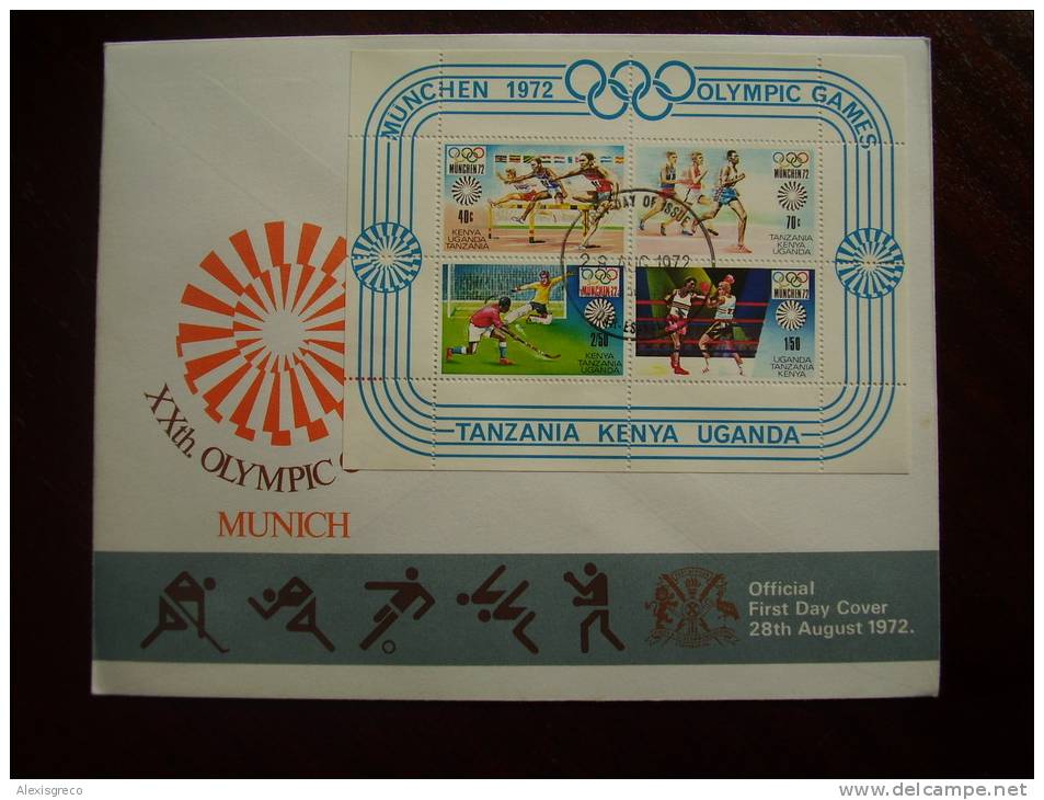 KUT 1972 MUNICH OLYMPICS MINISHEET (4 Values) On FDC. - Kenya, Uganda & Tanzania