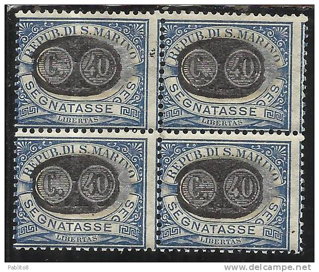 SAN MARINO 1931 SEGNATASSE POSTAGE DUE MASCHERINE SOPRASTAMPATI CENT.40 SU 10 MNH QUARTINA - Postage Due