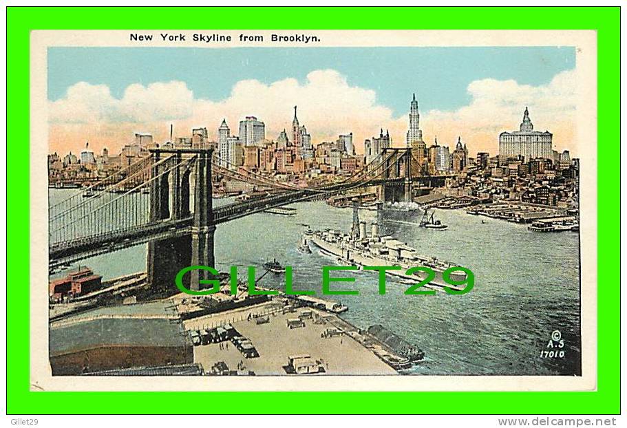 BROOKLYN, NY - NEW YORK SKYLINE - WAR SHIP - A. S. -  PUB. BY MANHATTAN POST CARD CO - - Brooklyn