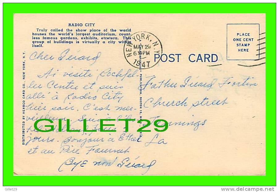 NEW YORK CITY, NY - RADIO CITY BUILDINGS, ROCKEFELLER CENTER - TRAVEL IN 1947 - HERBCO CARDS CO - - Autres Monuments, édifices