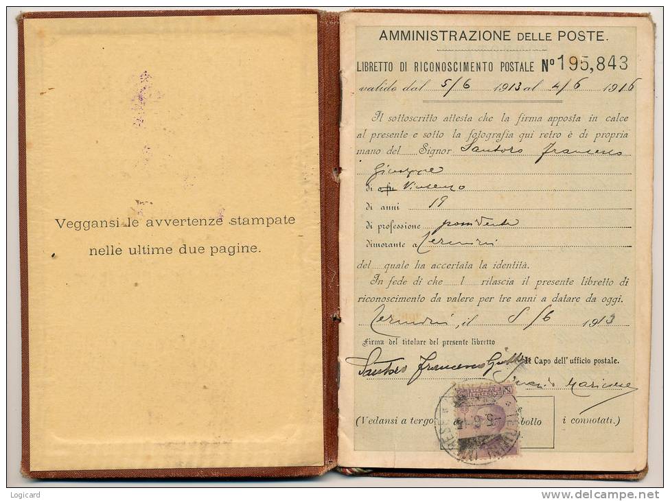 LIBRETTO DI RICONOSCIMENTO POSTALE CON FRANCOB MICHETTI DA 50 CENT. 1913 - Documenti Storici