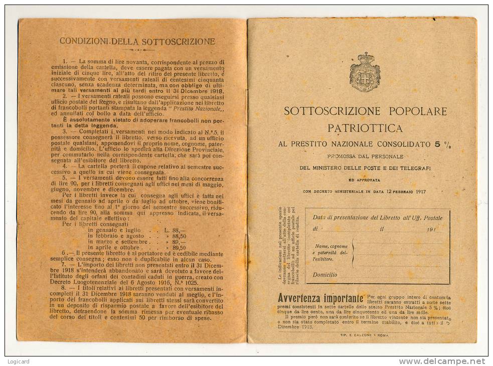 LIBRETTO DI SOTTOSCRIZIONE POPOLARE PATRIOTTICA AL PRESTITO NAZIONALE 1917 - Documents Historiques