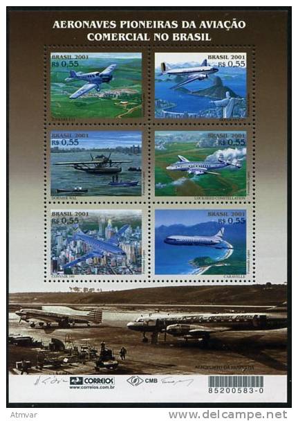 1157. BRASIL / BRAZIL (2001) - Aeronaves Pioneiras Aviaçao Comercial (planes, Avions, Douglas, Junkers) - Mint / Neuf - Blocs-feuillets