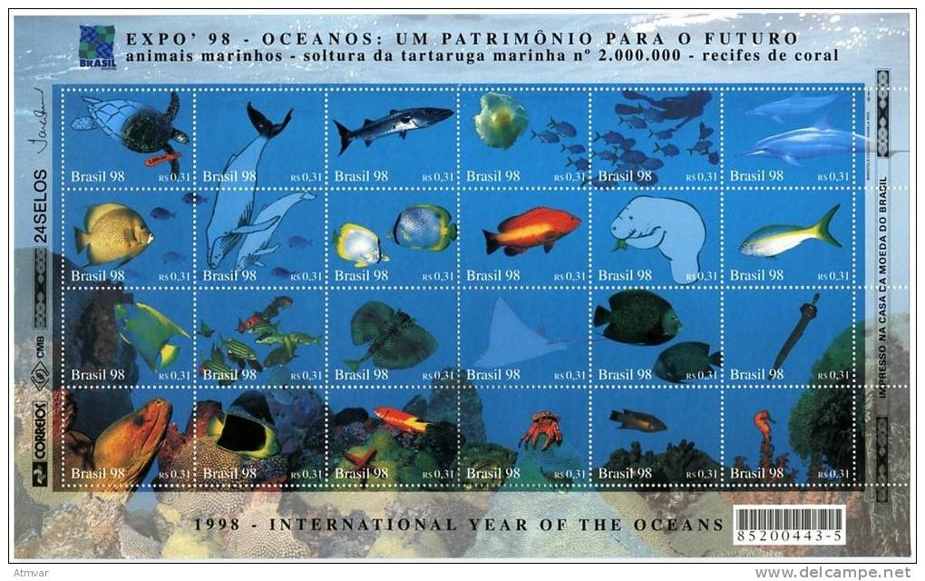 1162. BRASIL / BRAZIL (1998) - EXPO 98 - Oceanos, Patrimonio Para O Futuro (Marine Animals, Turtle, Coral) - Mint / Neuf - Blocks & Sheetlets