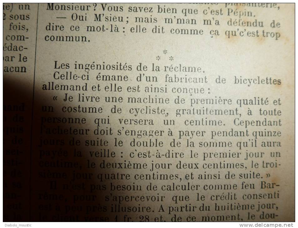 1896 Le Petit Français Illustré : Réclamme Bicyclettes JE LIVRE UNE MACHINE  ET UN COSTUME DE CYCLISTE GRATUITEMENT. - 1801-1900