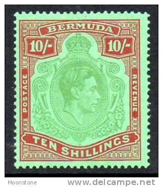 Bermuda GVI 1938 10/- Keyplate Definitive, Perf. 14., Lightly Hinged Mint, Very Slight Toning (SG 119a) - Bermuda