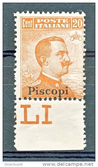 Piscopi, Isole Dell'Egeo 1921-22  N. 11 C. 20 Arancio CON FILIGRANA Bordo Di Foglio MNH LUX Cat. € 250 - Ägäis (Piscopi)