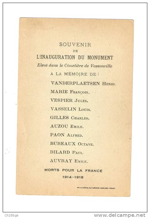 CPA : 76 - Seine Maritime : Vassonville : L'Eglise & Monument Aux Morts - Inauguration Monument - Au Dos Liste Morts - Autres & Non Classés