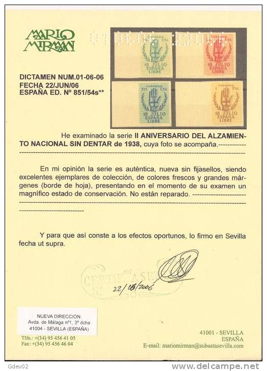 ES851-L2143TVF.España.Spain  Espagne. ANIVERSARIO ALZAMIENTO (Ed 851/4s**).CERTIFICADO..LU JO - Viñetas De Fantasía