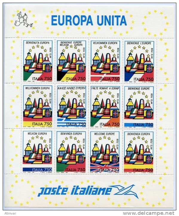 1177. ITALIA (1993) - EUROPA UNITA (Europe, Flags, ECU, Euro) - Mint Sheet, Feuille Neuve - BF 16 - Feuilles Complètes