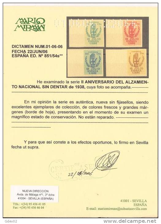 ES851-L2143TO.España.Spain  Espagne. ANIVERSARIO ALZAMIENTO (Ed 851/4s**).CERTIFICADO..LU JO - Sin Clasificación