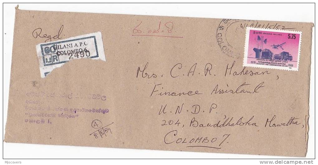 Registered GILANI SRI LANKA COVER Communications Stamps SHIP PLANE  TRUCK SATELLITE DISH To UNDP United Nations Un - Sri Lanka (Ceylon) (1948-...)