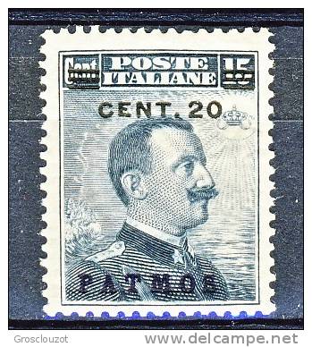 Patmos, Isole Dell'Egeo 1916 N. 8 C. 20 Su C. 15 Grigio Nero MNH Centratissimo - Egée (Patmo)