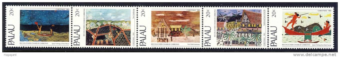 #Palau 1983. Christmas. Gibbons. Paintings. Stripe Of 5. Michel 24-28. MNH(**) - Palau
