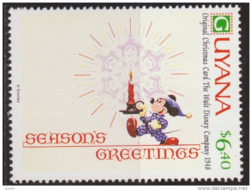 Guyana 1991 Scott 2473 Sello ** Walt Disney Mickey Sosteniendo Una Vela Tarjeta De Navidad De 1948 Michel 3690 Yvert 267 - Disney