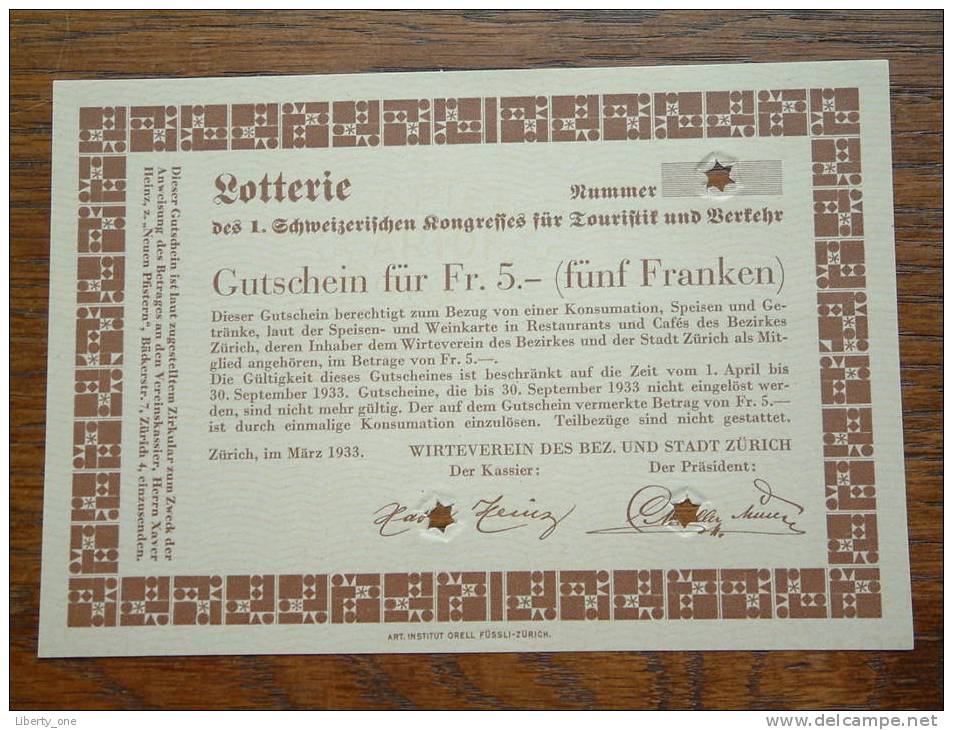 Lotterie GUTSCHEIN Für Fr. 5.- ( Fünf Franken ) Stadt ZÜRICH ( UNC - 2 Pcs. / Voir Photo Pour Détail ) 1933 ! - Suisse