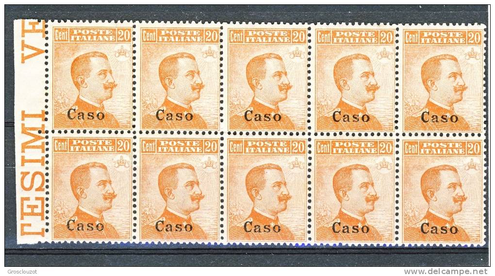 Caso, Isole Egeo 1921-22 N. 11 C. 20 Arancio Con Filigrana. Spettacolare Blocco Di 10 MNH Bordo Di Foglio Cat. € 150 - Egée (Caso)