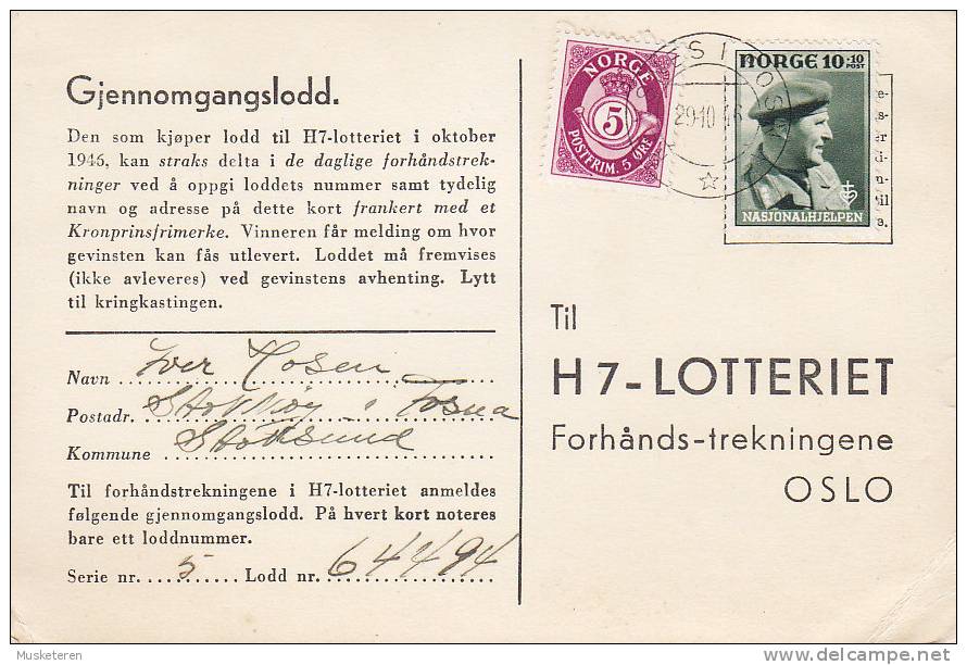 Norway H7 - Lotteriet Lottery Deluxe REVSNES I FOSNA 1946 Card Karte Gjennomgangslodd Nasjonalhjelpen Stamp - Cartas & Documentos