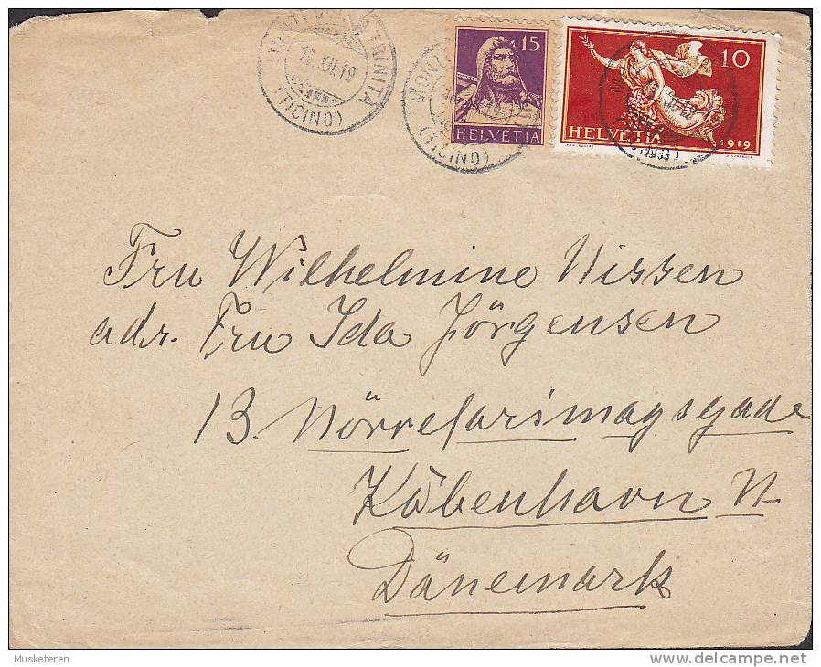 Switzerland MONTI DEL LA TRINITA 1919 Cover Brief Lettre (front Only) To Denmark Tell & Peace Issues - Lettres & Documents