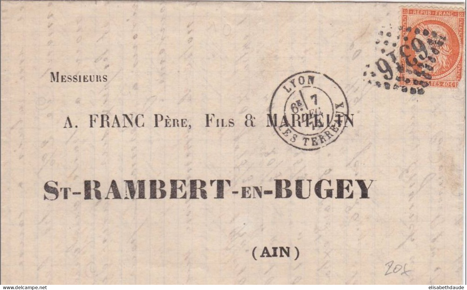 1875 - TYPE SIEGE - LETTRE De LYON Pour ST RAMBERT (AIN) - 1870 Siege Of Paris