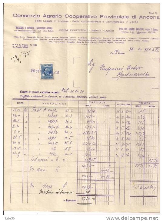 ANCONA, CONSORZIO AGRARIO PROVINCIALE,  FATTURA  CON MARCA DA BOLLO 1938 E DISTINTA PAGAMENTO  CON CAMBIALE, - Italia