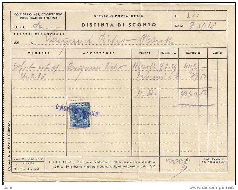 ANCONA, CONSORZIO AGRARIO PROVINCIALE,  FATTURA  CON MARCA DA BOLLO 1938 E DISTINTA PAGAMENTO  CON CAMBIALE, - Italia