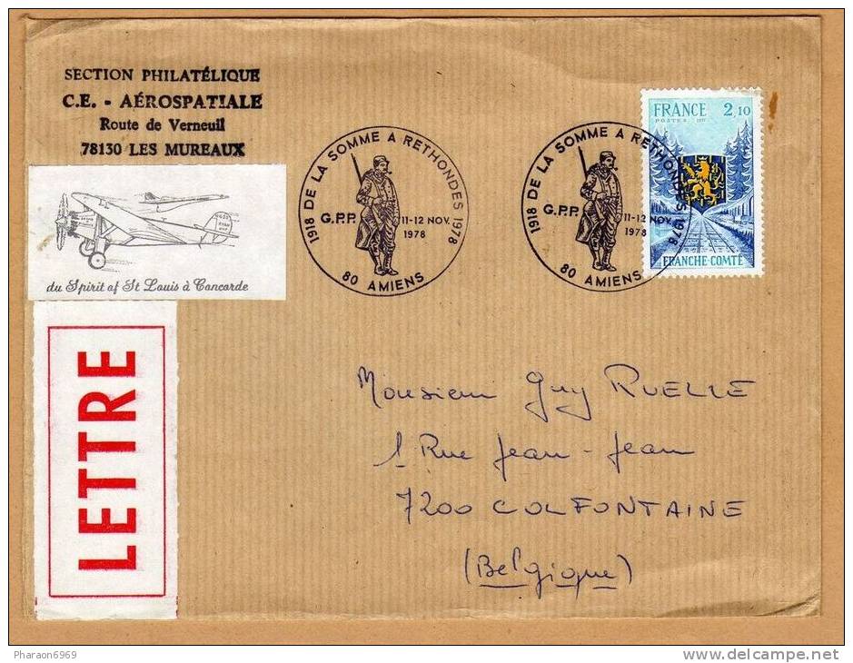 Enveloppe Section Philatélique Aérospatiale Les Mureaux Spirit Concorde Lettre Somme Rethondes Colfontaine Belgique - Cartas & Documentos