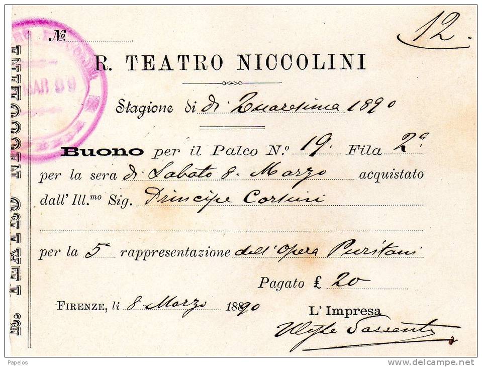 1890  R. TEATRO NICCOLINI BUONO PER IL PALCO - Italia