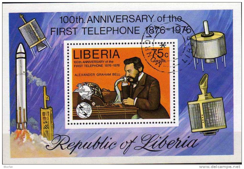 Telefon 1976 Satellit Rakete Liberia Block 81 O 2€ Erfinder Bell Am Telefonapparat Fogli Bf History Bloc Sheet Of Africa - Telecom
