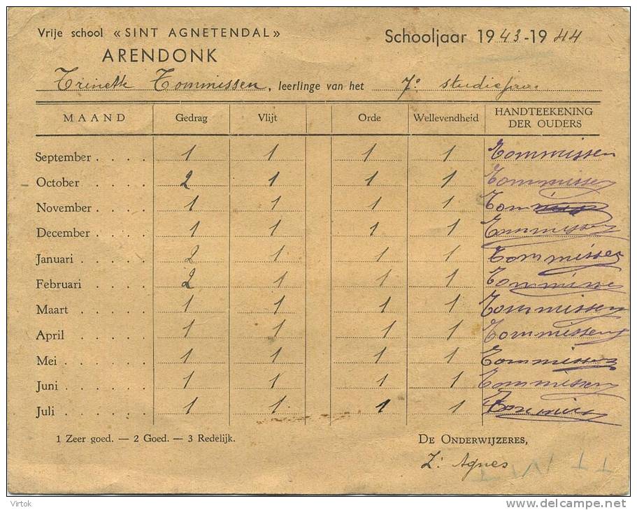 Arendonk :  Sint Agnetendal ( Schoolrapport 1943-1944 )  Formaat  18 X 14 Cm -- 2 Scans - Arendonk